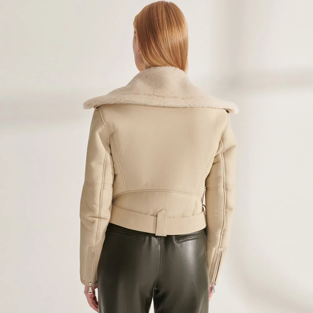 Joyce & Dora-Chaqueta de piel de oveja Natural para mujer, abrigos cálidos de invierno, chaqueta de borreguito Beige