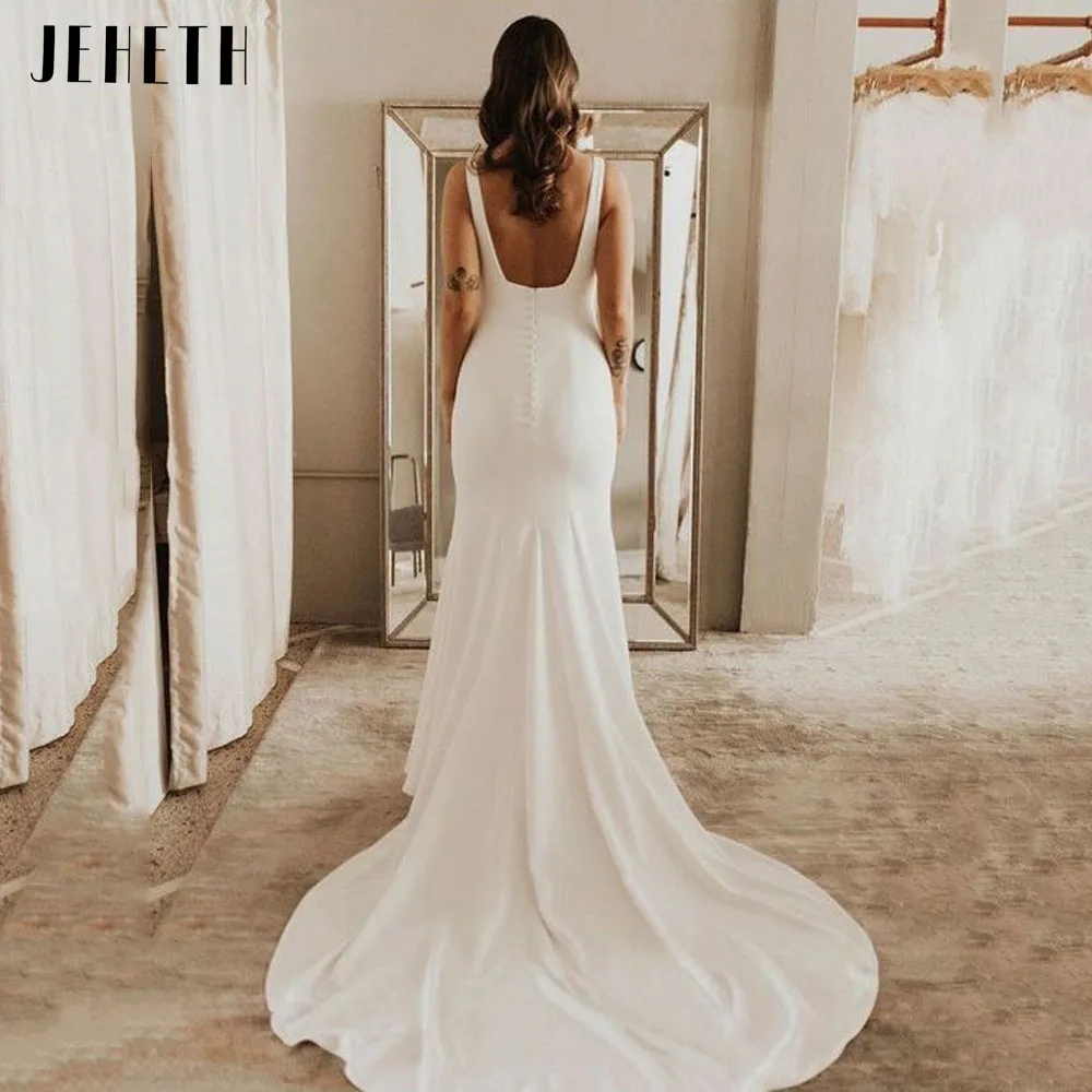 JEHETH Spaghetti Strap Mermaid abiti da sposa donna collo quadrato Backless semplici abiti da sposa Soft Stain Robe De Soirée Mariage Spaghetti con sirena Abito da sposa Collezione da sposa Abito da sposa semplice Abit