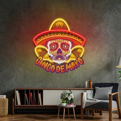 Skull Neon Sign UV Print Mexican Skull Neon Pop Art Mexican Bar Beer Home Wall Decor Restaurant Business Store Decor