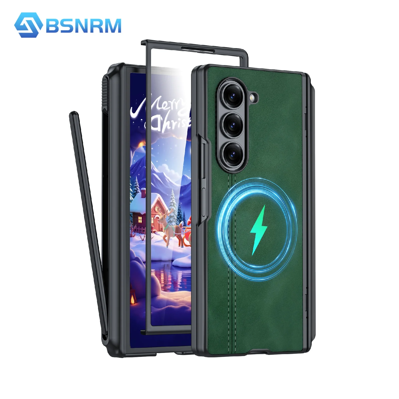 

Рождественский подарок, чехол для Samsung Fold 6, чехол с держателем для ручки S, защита шарнира, защита экрана, матовый ПУ кожаный ПК-зеленый