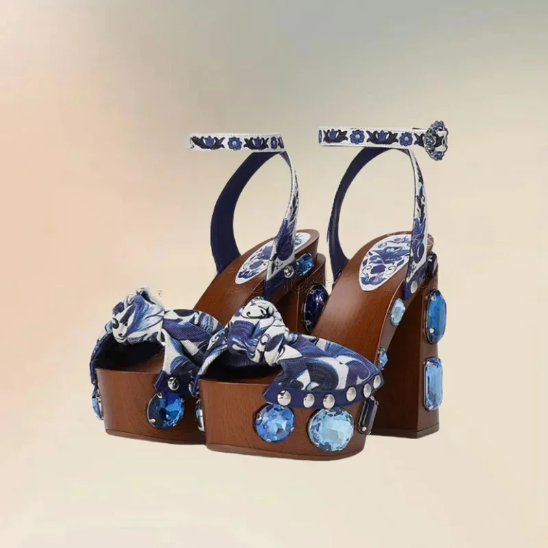Blau weiß Porzellan Kristall Holz Absatz Sandalen Knöchel Schnalle Riemen Frauen Schuhe klobige High