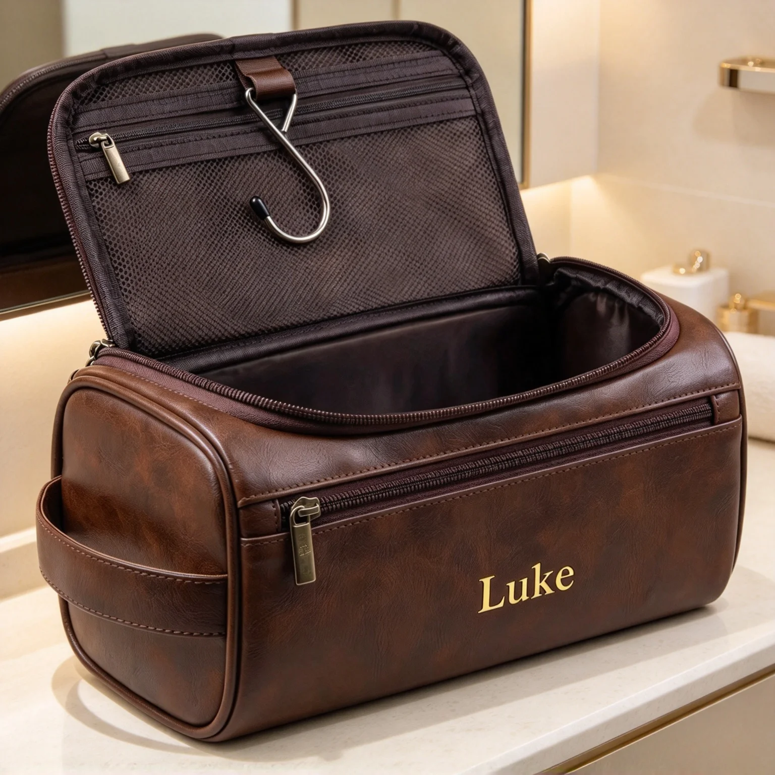 Customizable Name Leather Toiletry Bag for Men Women Dopp Kit Mens Hanging Toiletry Bag Travel Wash Bag Waterproof