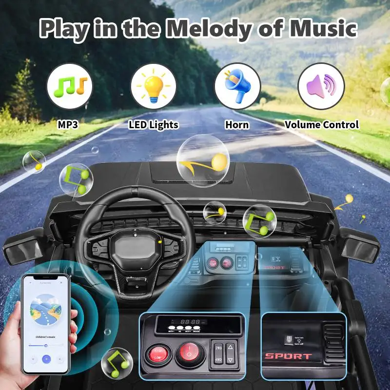 24V 2-zits elektrische rit op auto met afstandsbediening voor kinderen met / 20 inch brede zitting, 4x100W motor, LED-koplamp en muziekspeler