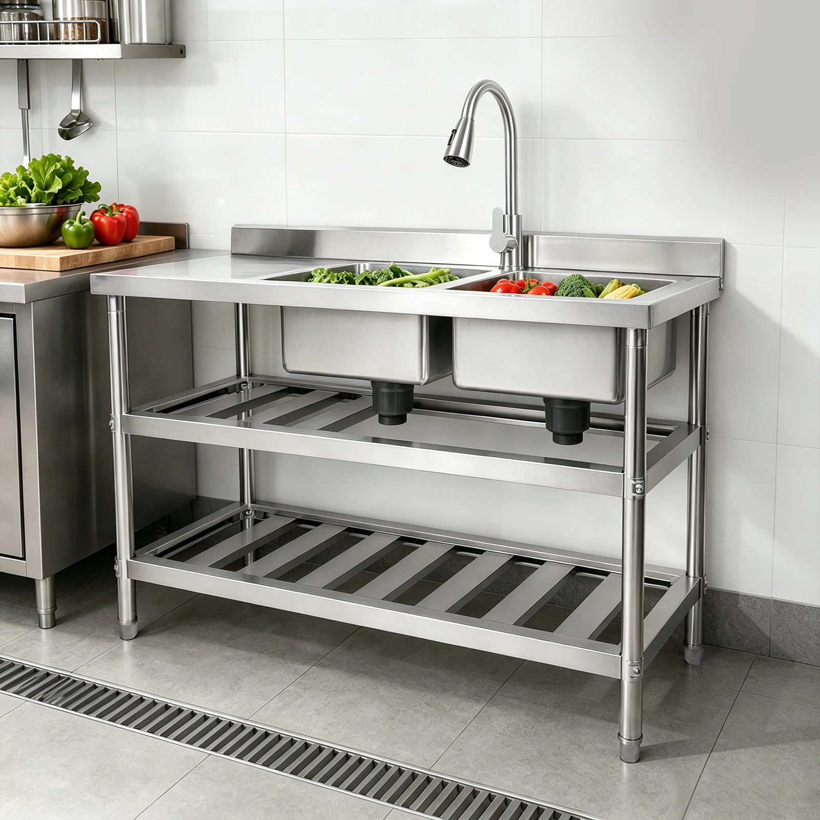 Double Bowl Kitchen Sink, Freestanding Double Basin Stainless Steel Prep Sink with Hot & Cold Water Faucet, Heavy Duty Utility Sink for Garages, Basements