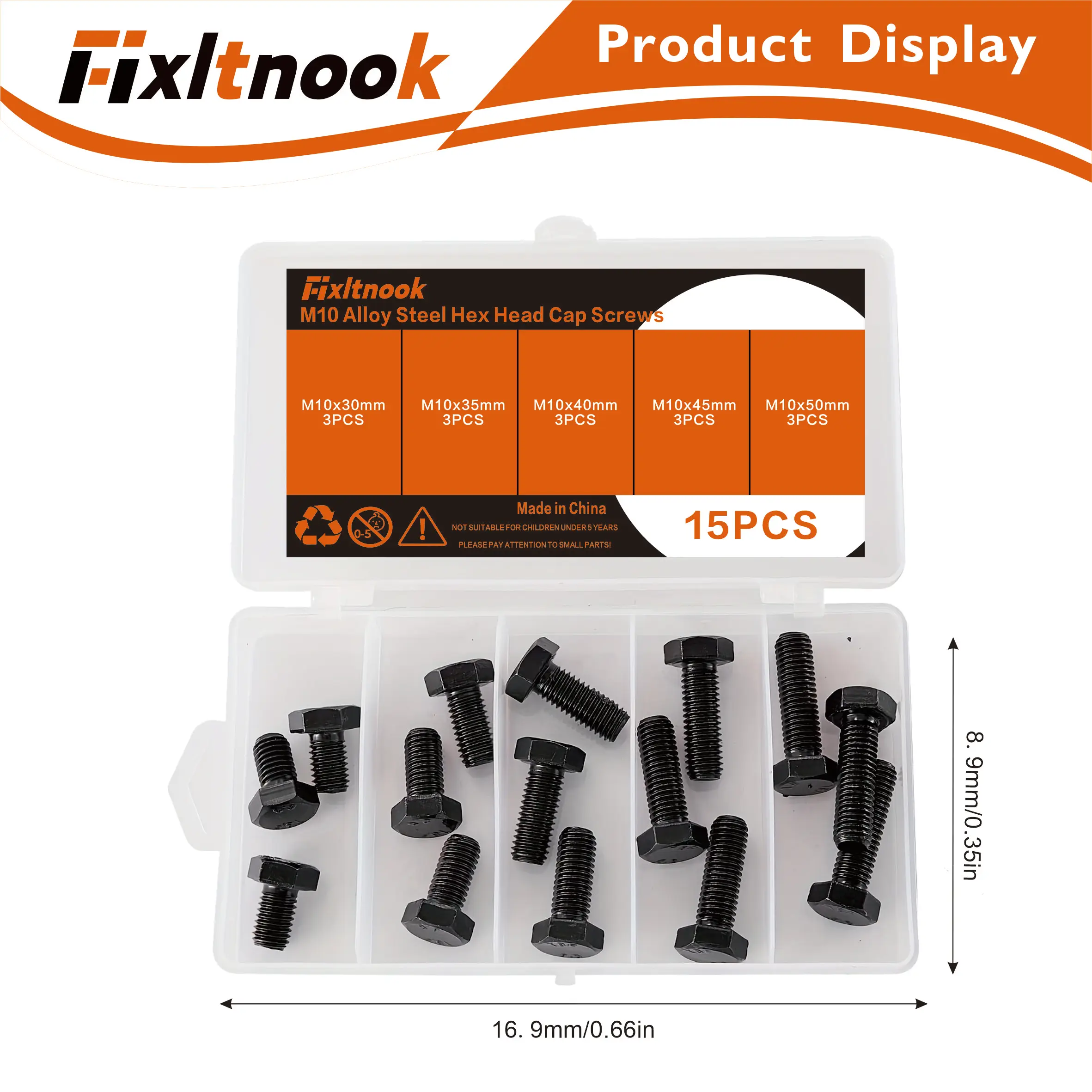 15 ชิ้น, สกรูหัวหกเหลี่ยม M10 X 30-50 มม., สกรูหัวหกเหลี่ยม, เหล็กอัลลอยด์เกรด 8.8, การชุบออกซิเดชันสีดำ, เกลียวเต็มแบบเมตริก