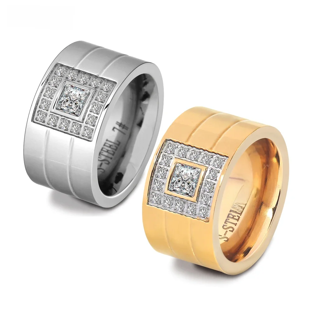 12mm szeroki pierścionek biżuteria kolor srebrny stal nierdzewna biały kamień Anillos Rhinestone kobiety Party pierścionki zaręczynowe — zdjęcie 2
