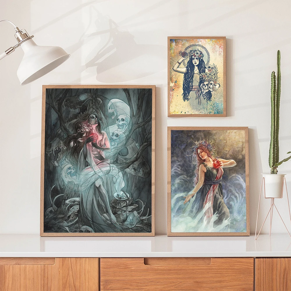 Persephone-Póster de bruja de calaveras, dibujo artístico del submundo de diosa, brujería, arte de pared, pintura en lienzo, decoración de mitolog griego