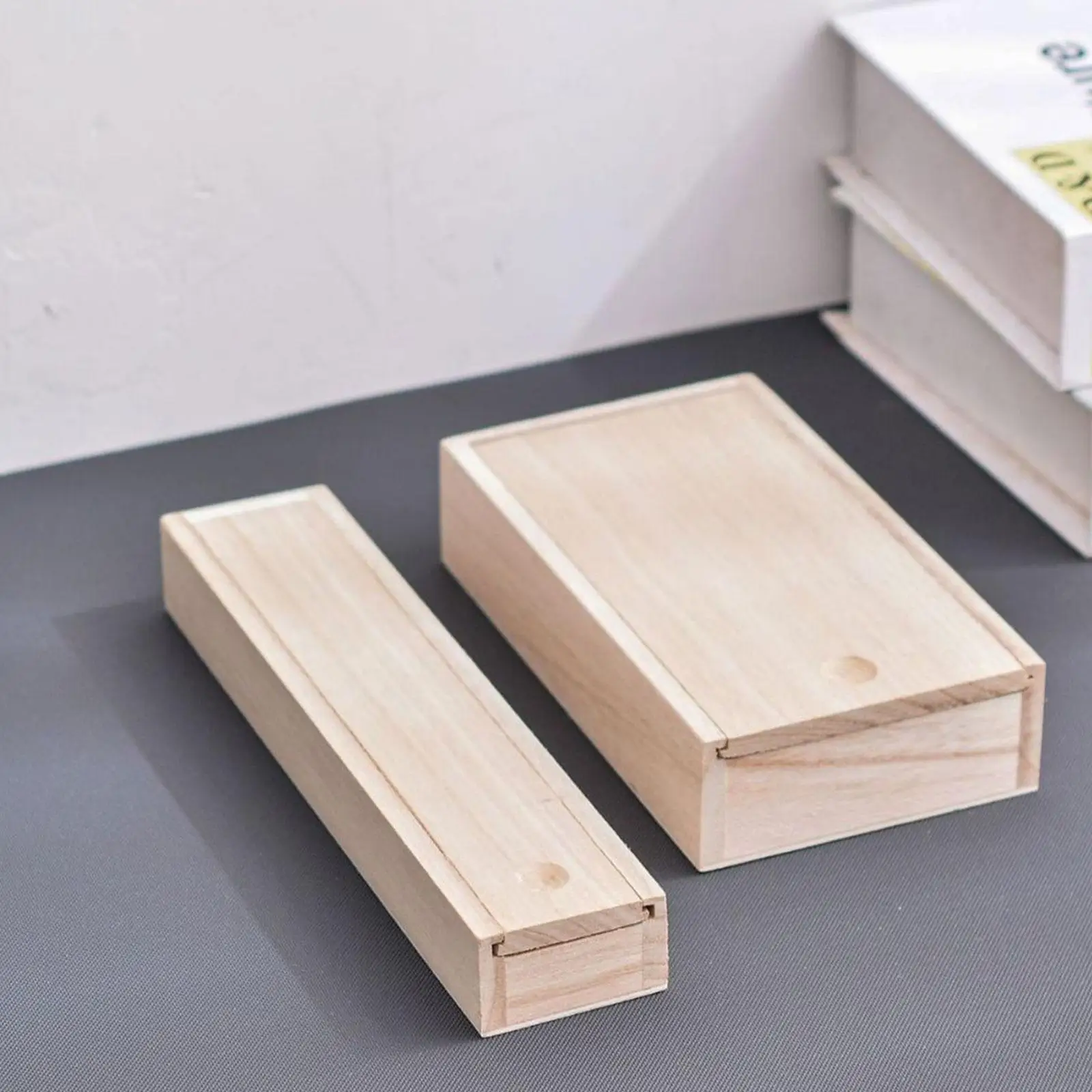 Wooden Storage Box with Slide Lid Blank Jewelry Case for Wedding Party Favors Hobbies for Rings Necklaces DIY Crafts Rustic