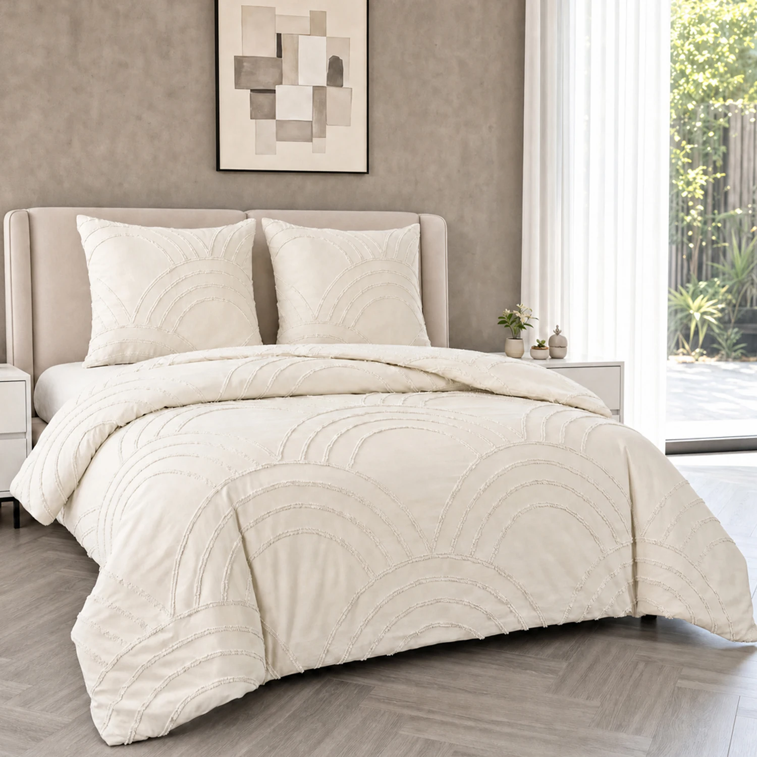 Boho beddengoed 135X200 beige getuft, geborduurd shabby chic dekbedovertrek