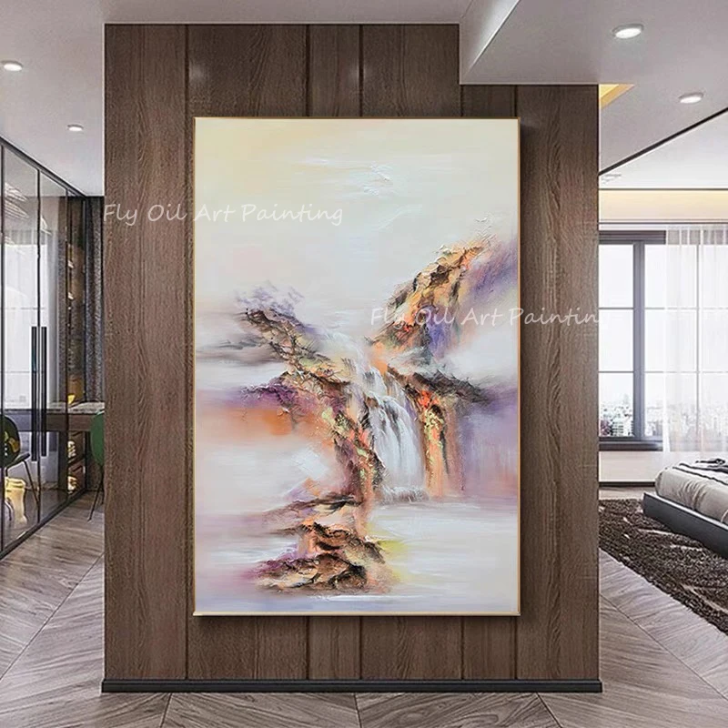 

Large Size 100% Handpainted waterfall landscape picture thick grey canvas Oil Painting home decoration as a gift