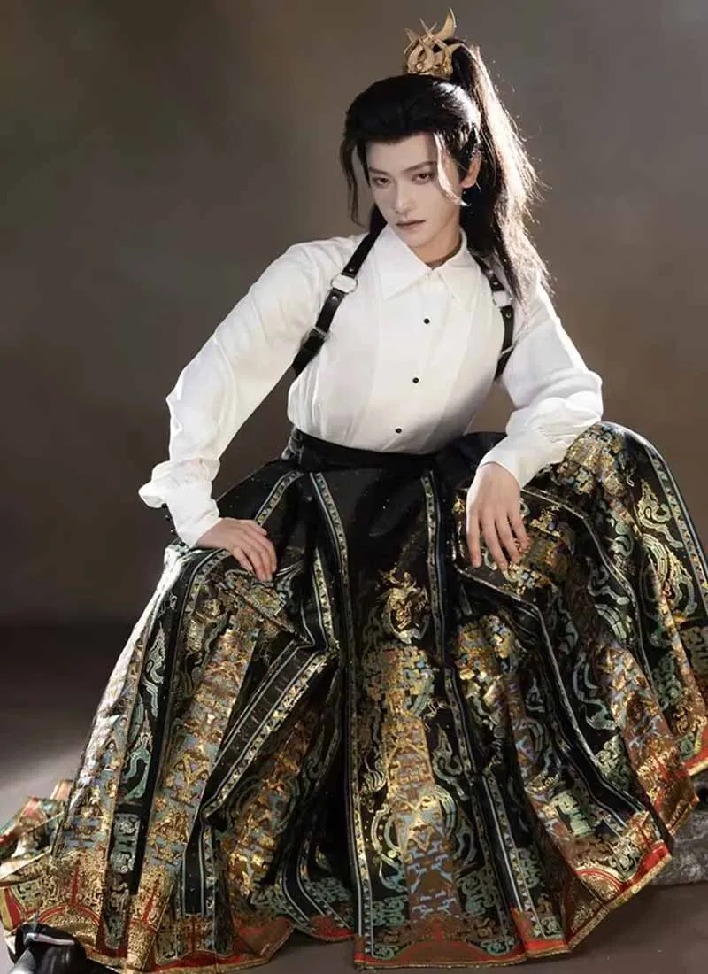Luxury Chinese Hanfu Horse Face Skirt 2024 Autumn Men Long Sleeve Shirt Weaving Gold Pleated Skirt Fashion Suit Party Outfit Men