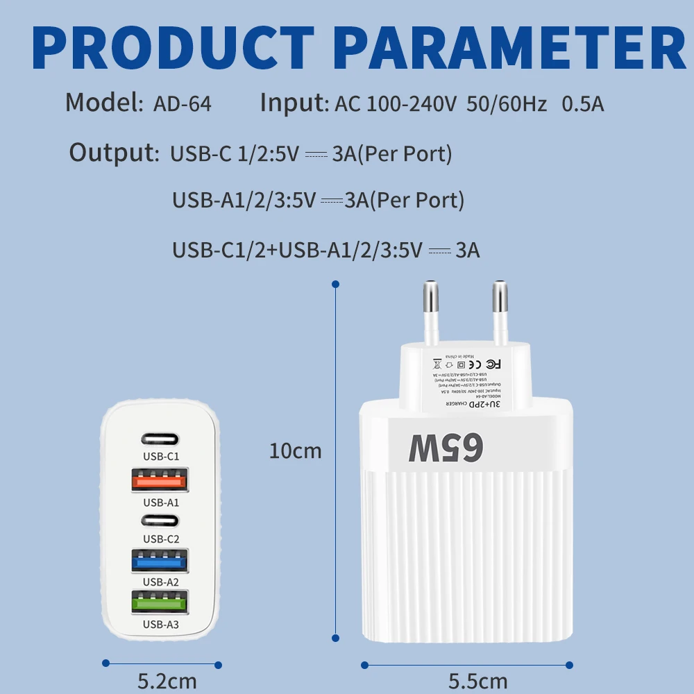 Ładowarka USB 65 W Szybkie ładowanie 5 portów PD Typ C Ładowarka do telefonu Adapter do iPhone Samsung Xiaomi Huawei Wieloportowa ładowarka ścienna