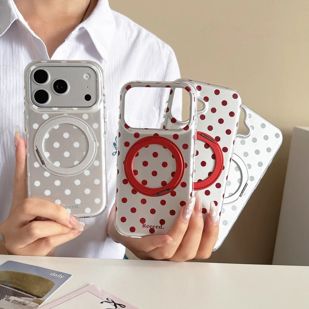 Korean Ins Classic Red White Dots with Magnetic Stand Phone Case for iPhone 17 Pro 16 Max 15 16 17 Pro Max 15Pro Fashion Vintage