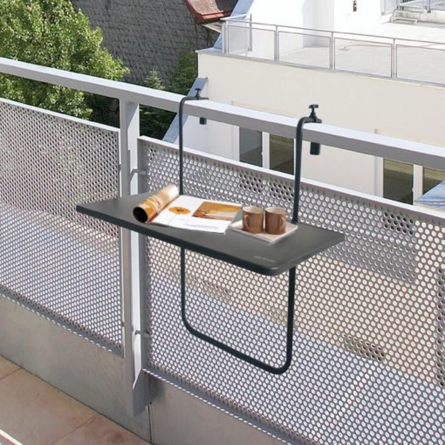 Mesa Plegable para Balcón Colgante 60x40 cm Mesa Ajustable Multiposición con Tablero MDF Estructura de Acero Mesa Abatible para Terraza Jardín