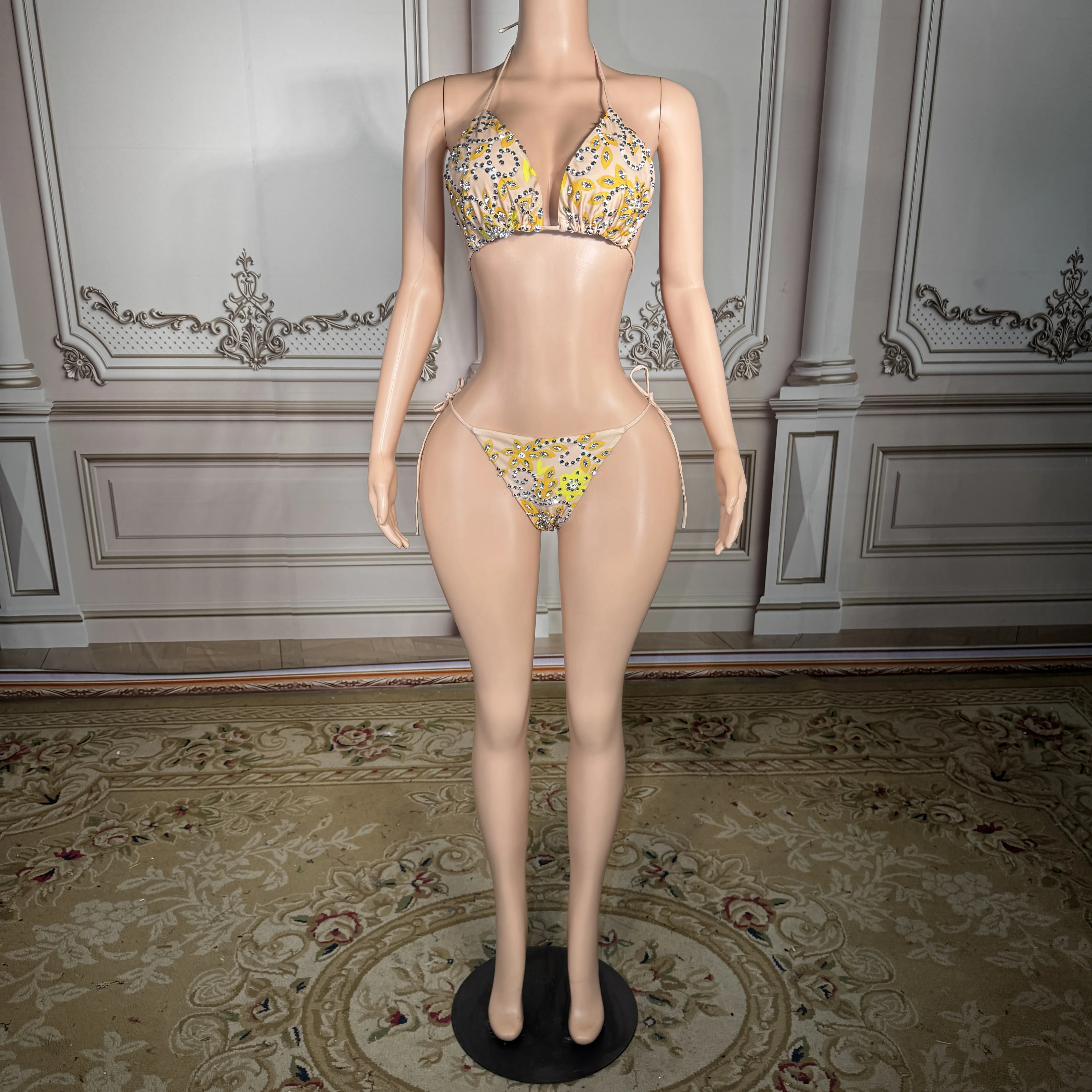 

ZD New Sexy Skin-Tone Rhinestone Bikini Set Women Luxury Crystals Halter Triangle Top Tie Side Bather