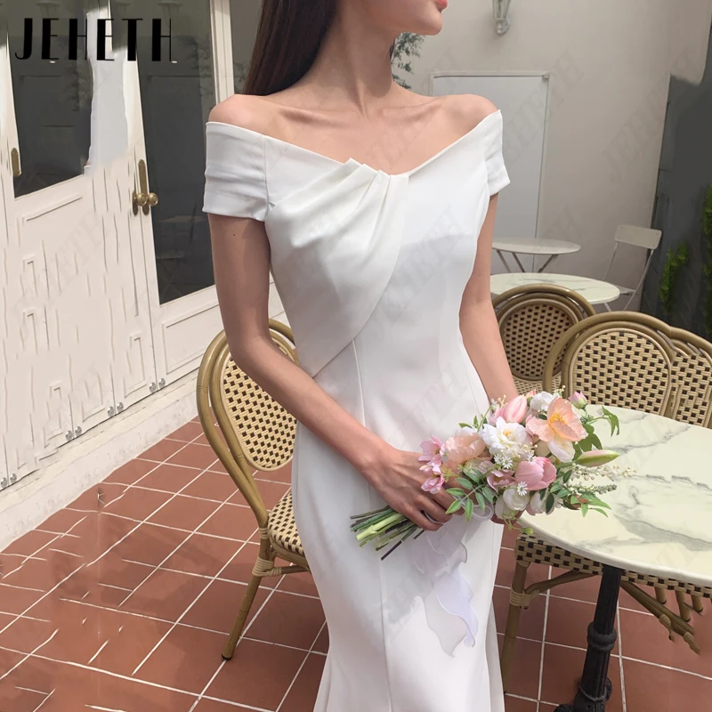 JEHETH V-Neck Pleat Mermaid Korea Bridal Gowns For Women Off Shoulder Wedding Dresses Satin Vintage 웨딩드레스 Photography Tea-Length