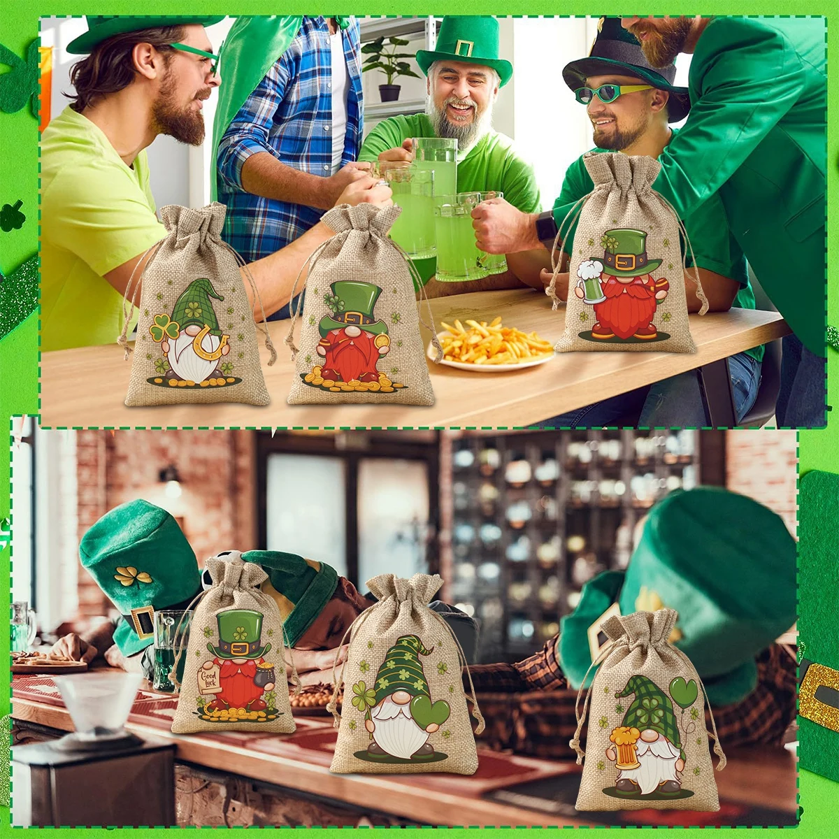 6Pcs St. Patrick’s Day Burlap Candy Bags Irish Holiday Shamrock Happy St. Patrick’s Day Party Decoration Drawstring Gift Bags