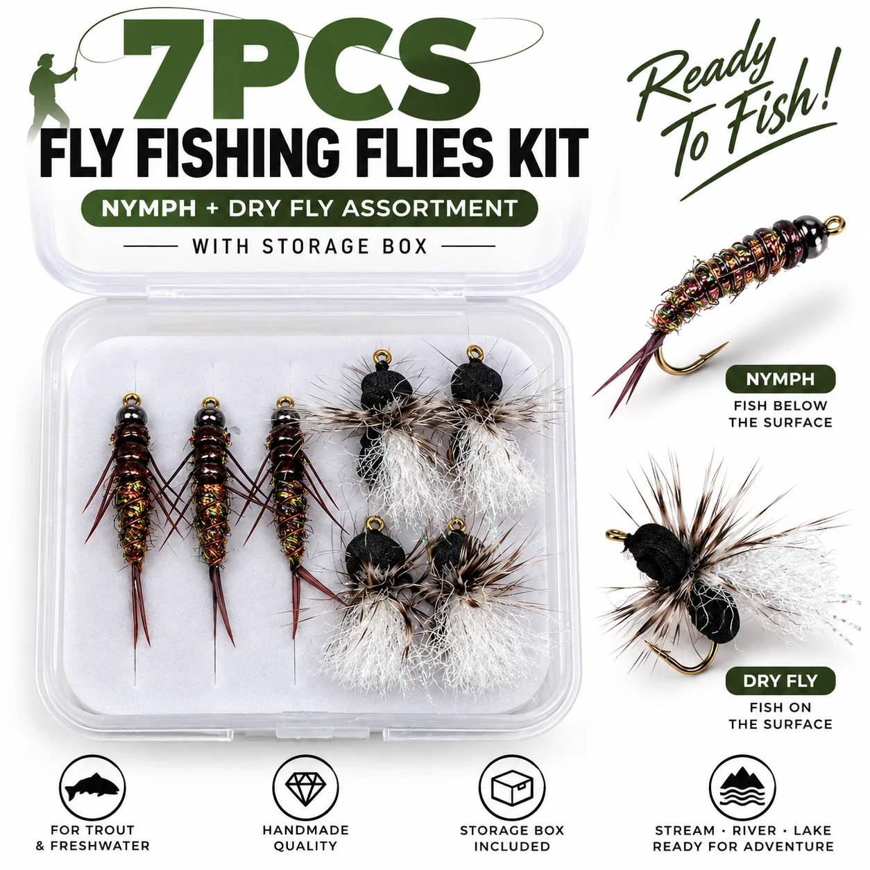 7PCS Fly Fishing Flies Kit with Box, Nymph & Dry Fly Assortment for Trout, Handmade Fishing Lures