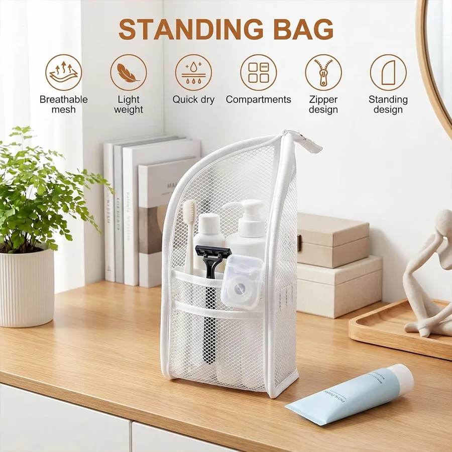 1Pc Portable Mesh Toiletry Bag, Travel Toothbrush Organizer Multi-Functional Makeup Brush Cosmetic Pouch for Travel Daily Use view 3