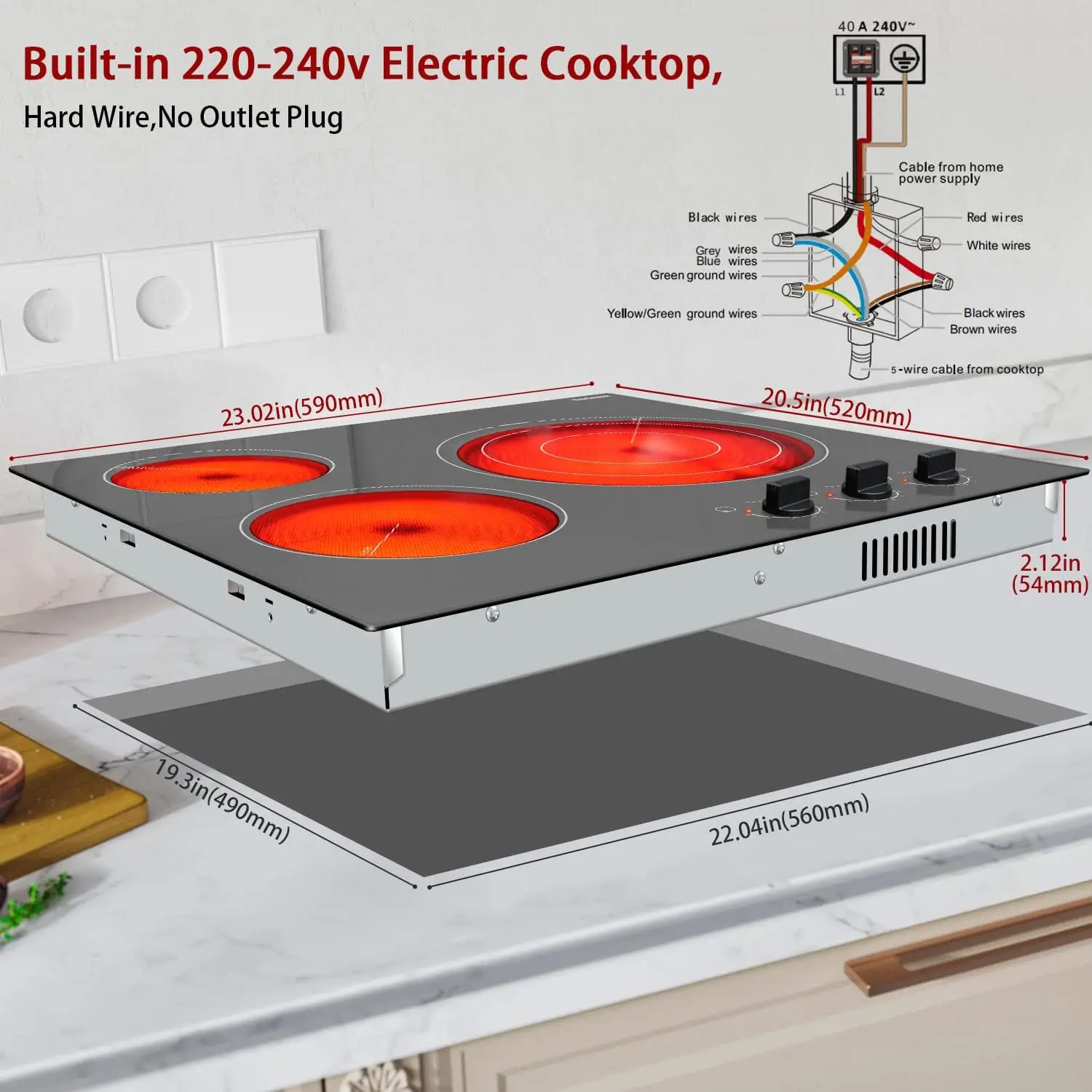 Karinear-built-in elétrica cerâmica Cooktop, fogão Top, botão de controle, Hot Warning, Over-Temperatur, 3 queimadores, 24 polegadas