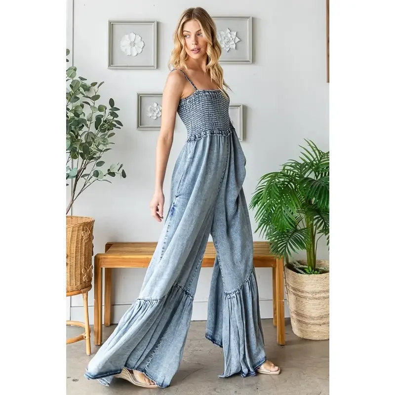 025 Trendy Women's Off-Shoulder Denim Jumpsuit - Smocked Wide Leg, Ruffled Hem Cotton Blend, Casual Chic for Spring/Summer/Fall