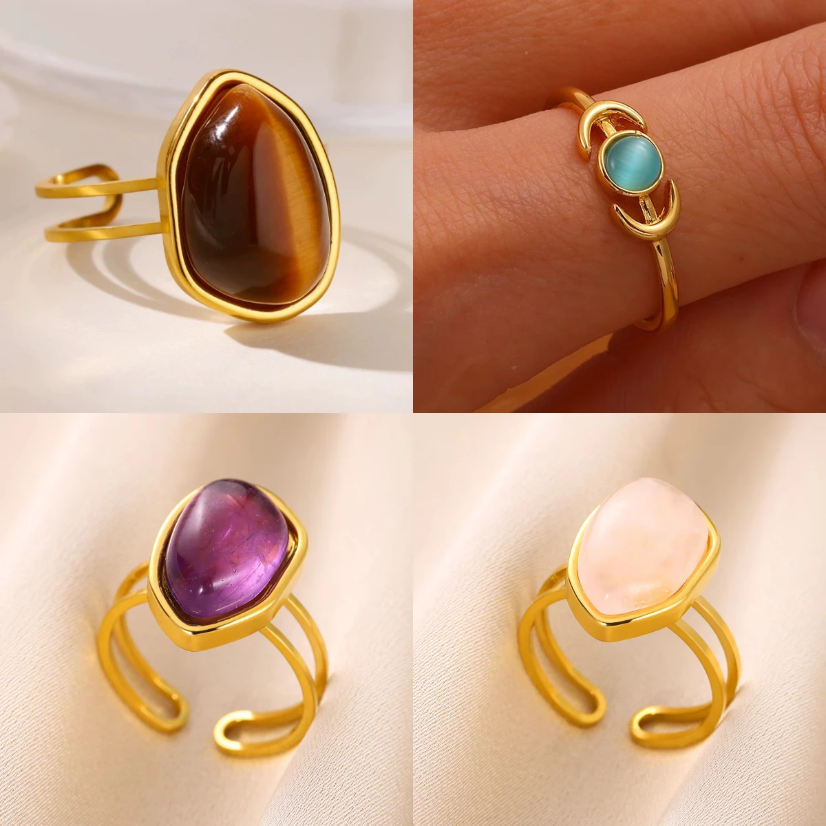 Opening Rings For Women Fashion Natural Stone Gold Color Stainless Steel Ring Vintage Adjustable Finger Jewelry Anniversary Gift