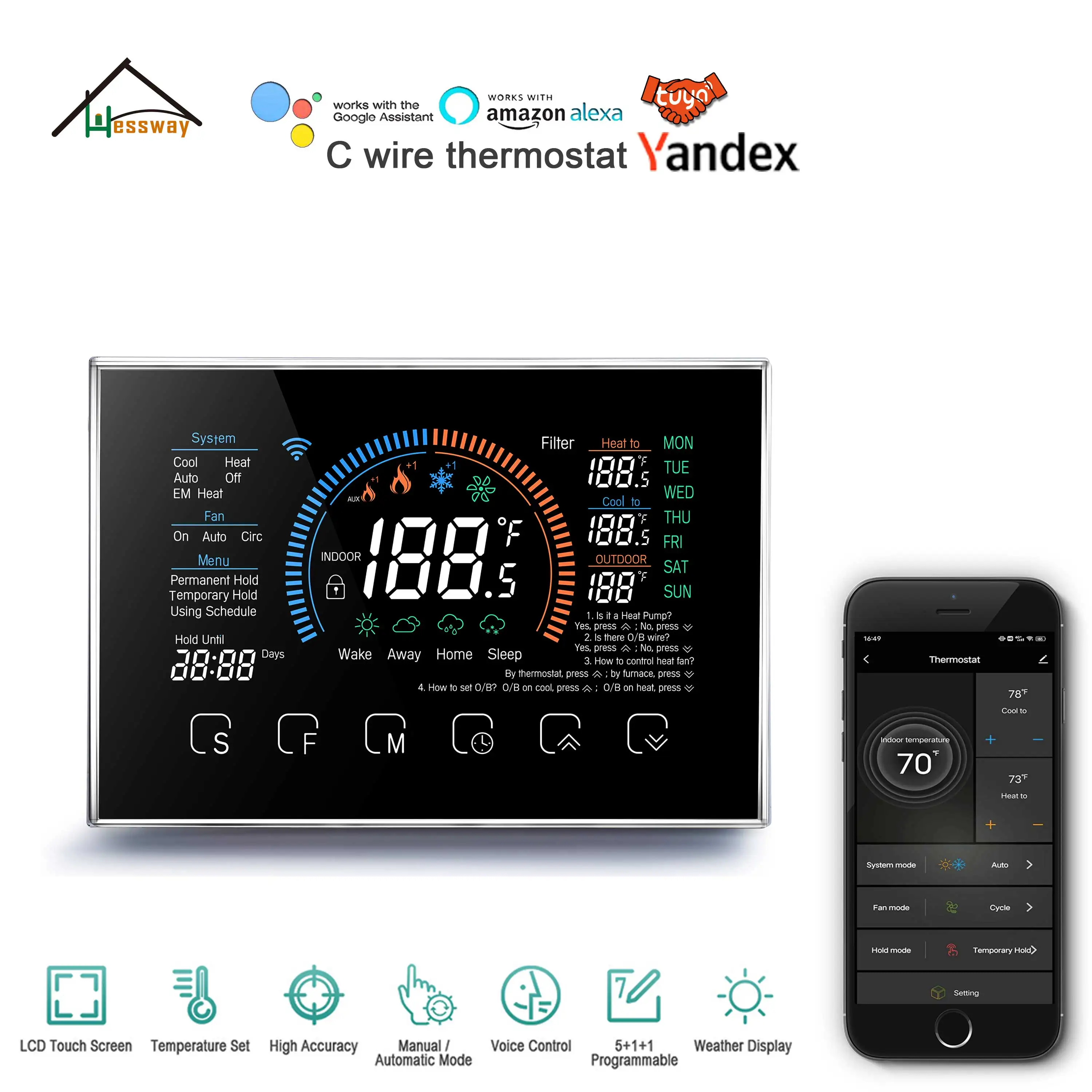 

BHP-8000C Heat Pump Thermostat WIFI for Time Delay Relay Boiler or Radiant System with Air Gandler and Heating Cooling