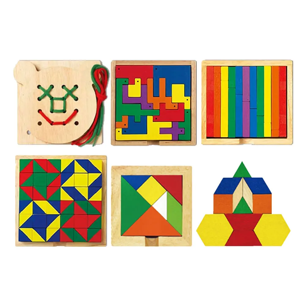 Brain development! Eco-friendly wooden parish 6-piece set/string threaded animal Tetris water Rod cube block Tangram (chunkyo) pattern block