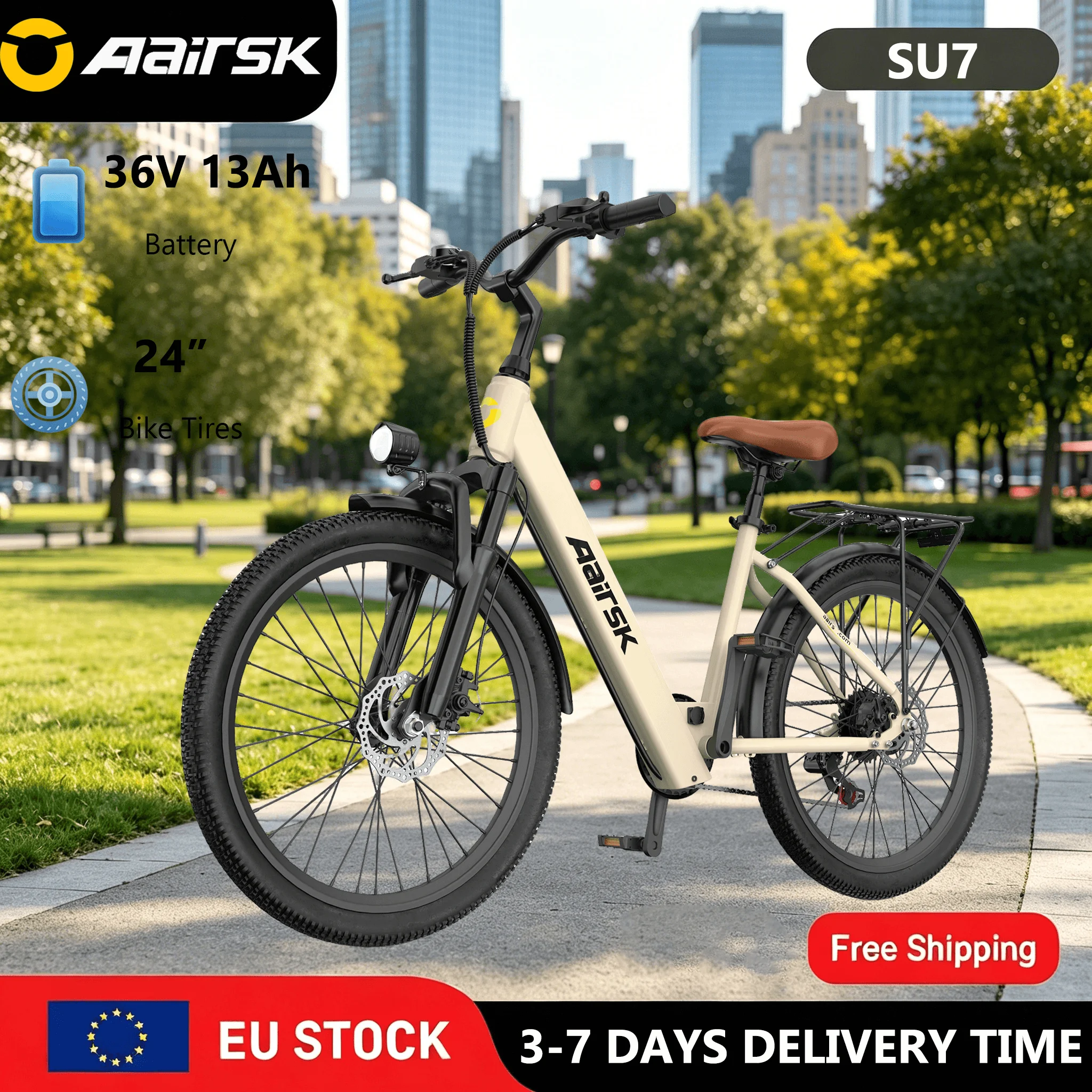 SU7 24" Vélo électrique urbain haut de gamme – Moteur 250W, batterie 36V 13Ah, autonomie 64km, 7 vitesses, cadre acier, freins à disque, confort et fi