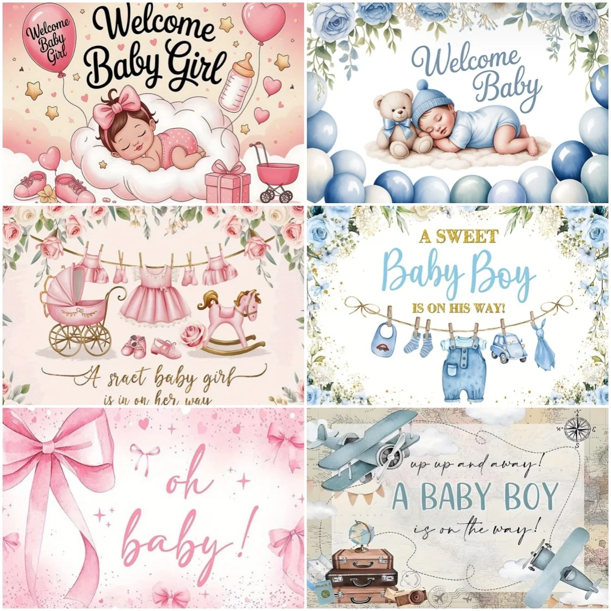 

Welcome Baby Shower Newborn Background Decoration Girl Boy Birthday Party Backdrop Supplies Balloon Teddy Bear Photographic Prop