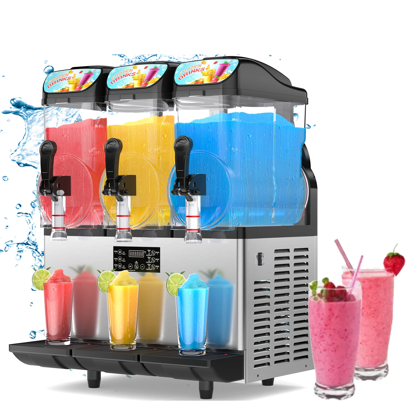 

Commercial Slushy Machine 15L X 3 Slushy Machines for Home Use Cocktail Margarita Frozen Drink Maker Automatic Cleaning Function