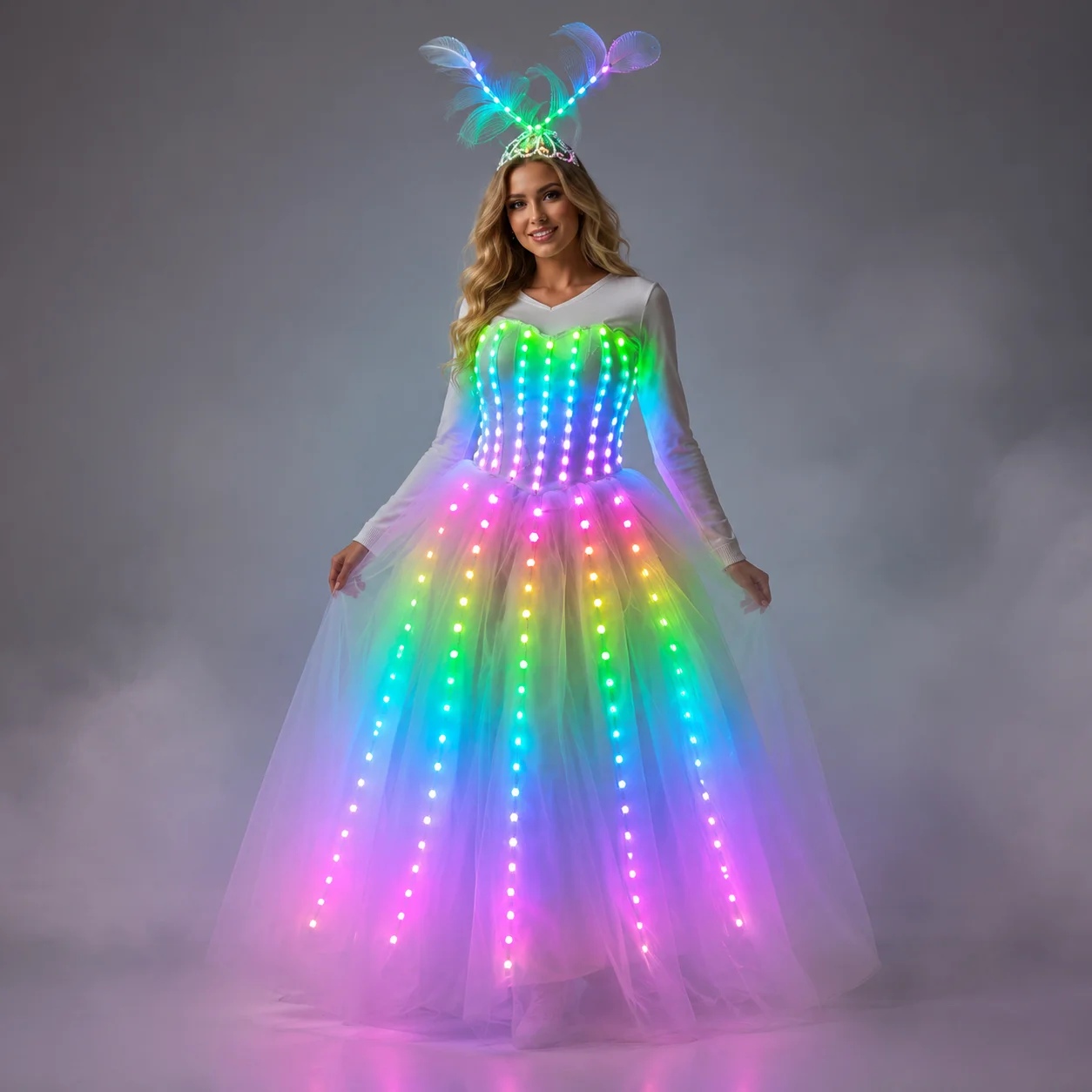 Full Color Pixel LED Skirt Wings Bodysuit Dreamy Luminous Wedding Dress Women Stage Singer Dancer Costume