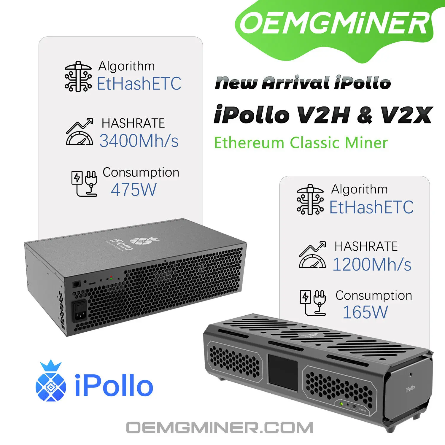 BL بالجملة iPollo V2H 3400M 475W Hydro Miner ETC ETHF ASIC Miner مصدر طاقة مدمج
