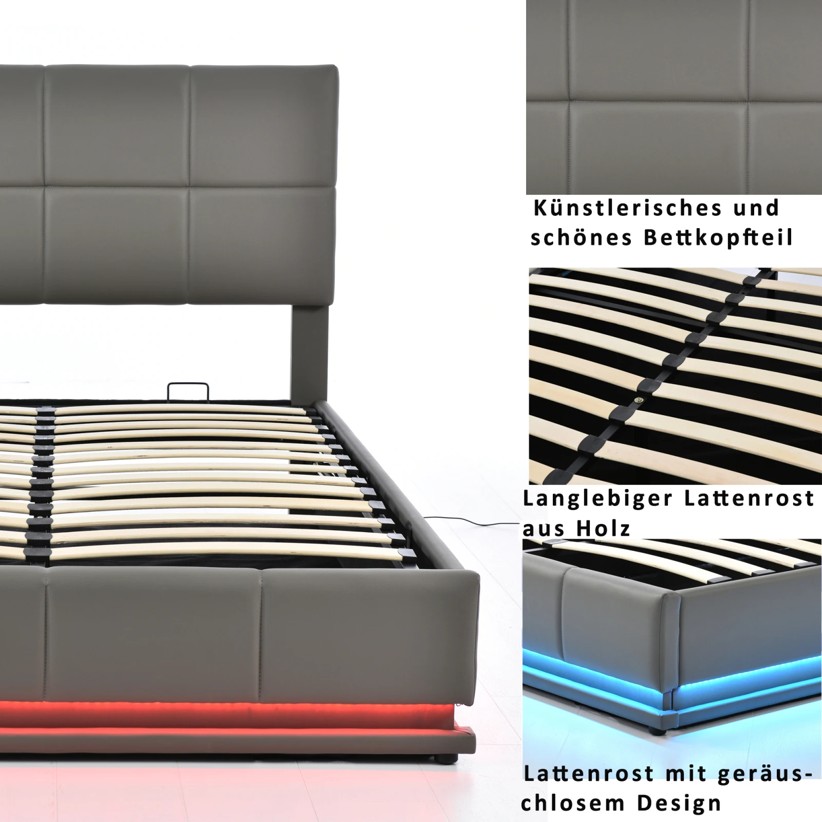 140x200 cm Upholstered bed with LED lighting,double bed, hydraulically liftable bed storage space, bed box slatted frame cover