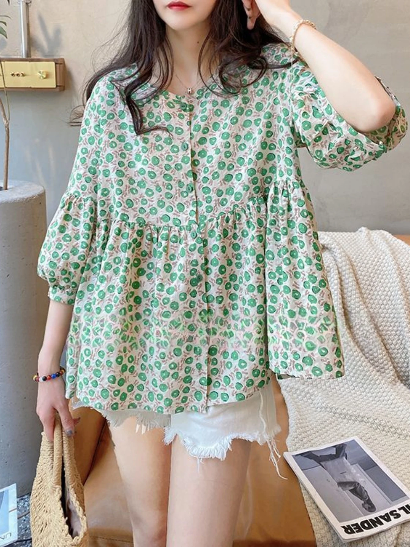 Women Floral Print Blouse Korean Style Puff 3/4 Sleeve Loose Babydoll Shirt Casual Ruffle Hem Tunic Top