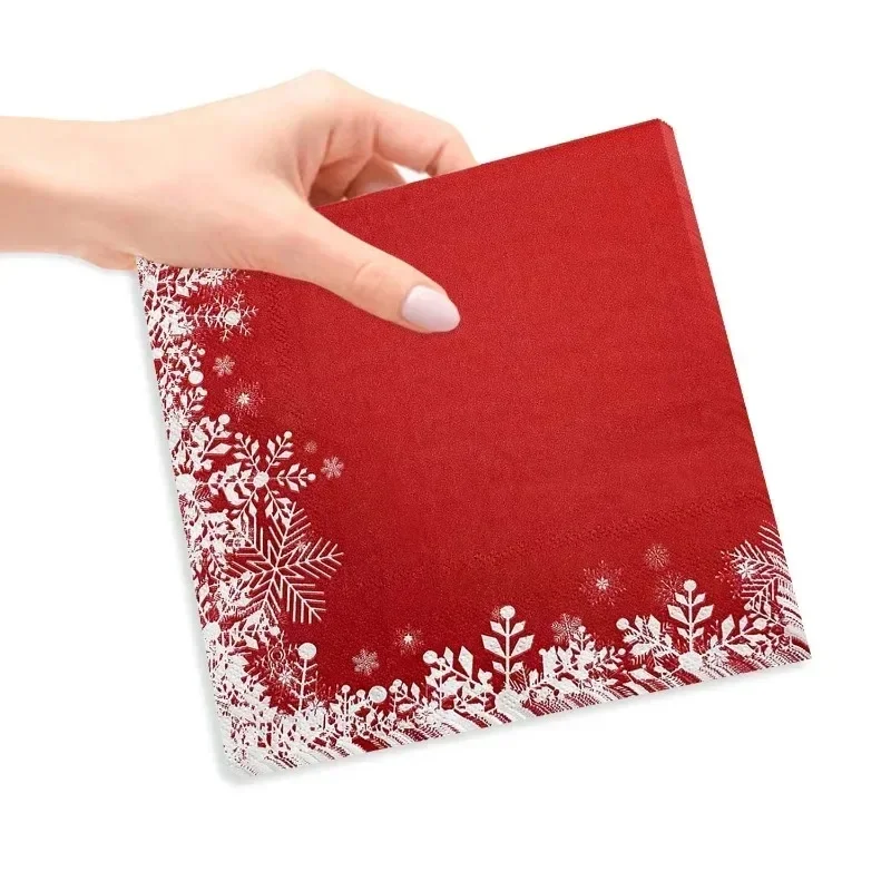 Serviettes en Papier Imprimées Flocon de Neige Rouge de Noël, Fournitures de Décoration de ixsur Glace, 33cm, 20 Pièces