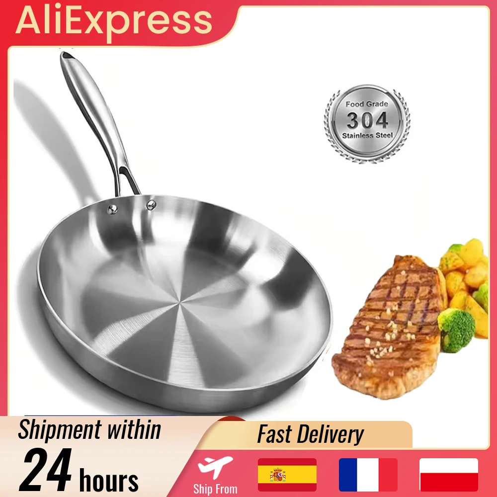 Bratpfanne aus Edelstahl 304, 24/28 cm, unbeschichtete Wokpfanne, antihaftbeschichtete Töpfe, Haushaltskochtopf, Küchenkochgeschirr, Steak-Bratpfanne