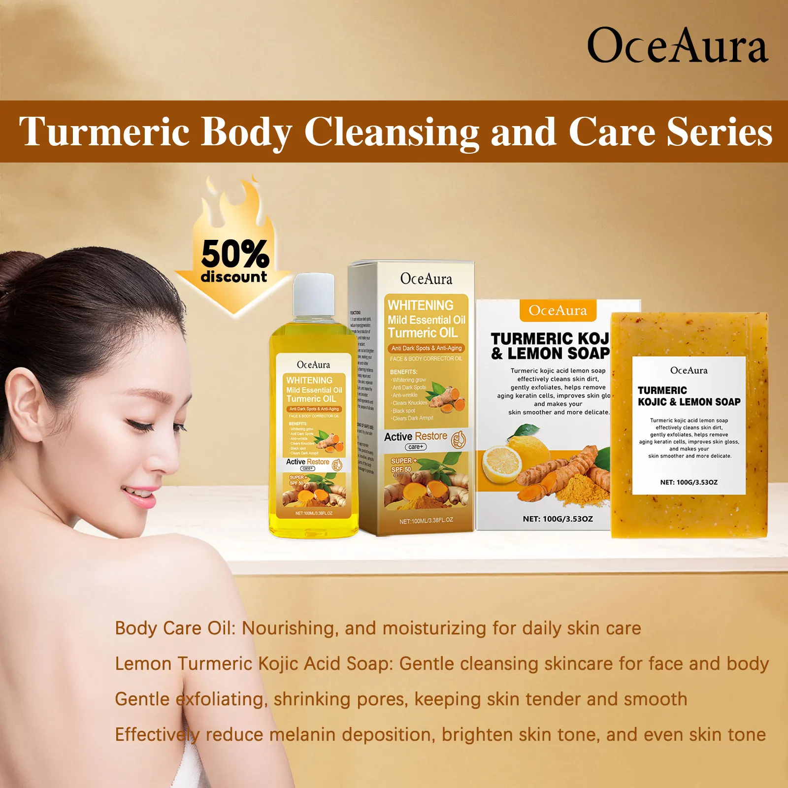 

OceAura Turmeric Skin Lightening Oil Exfoliating Soap Improve Rough Dry Skin Hydrating Body Massage Clean Pores Smooth Skin Oil