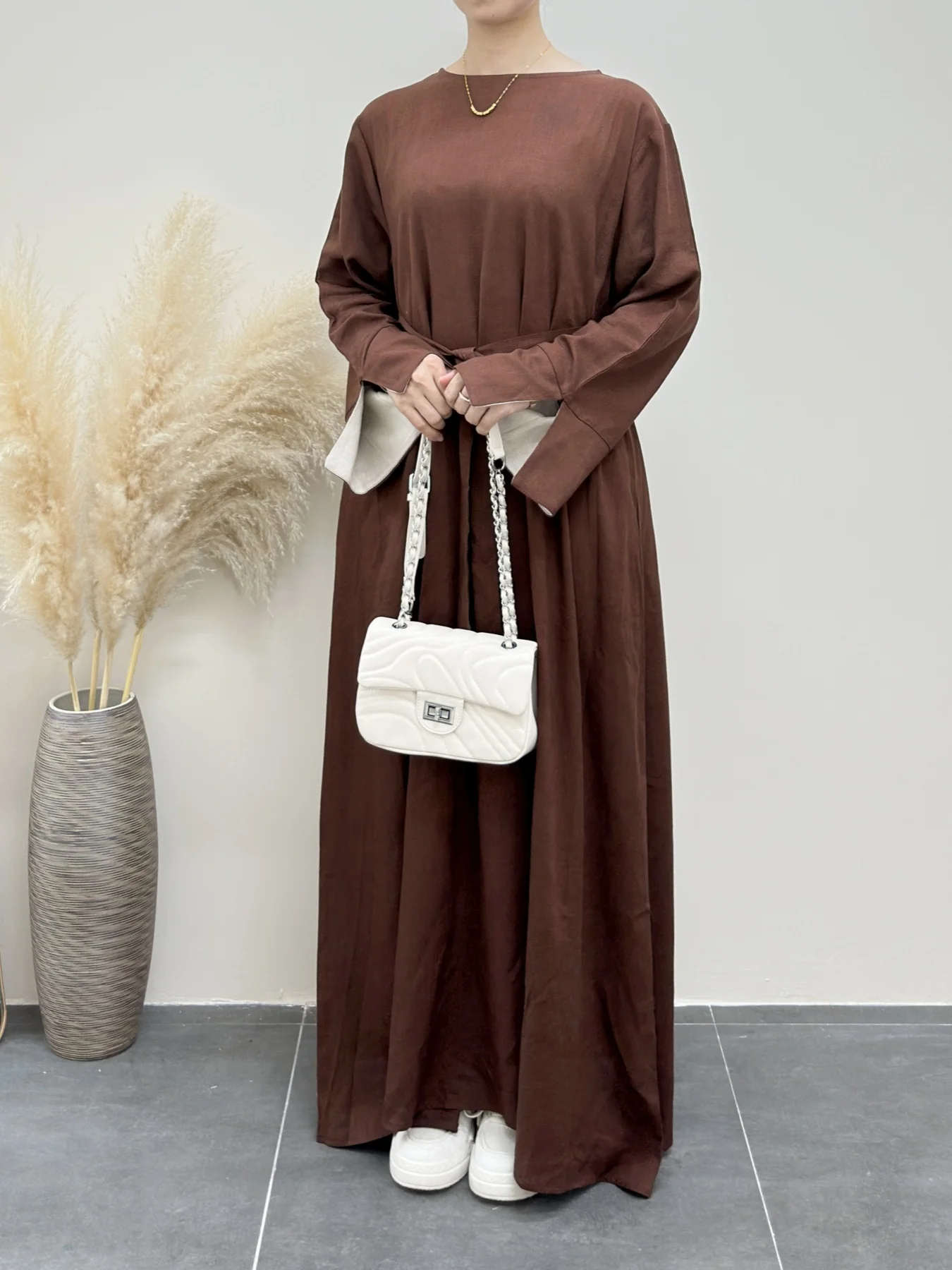 Fumidar linen abaya Linen Color-Block Long-Sleeve Maxi Dress