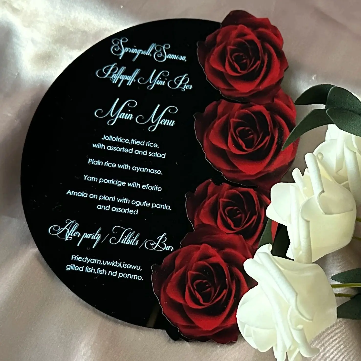 10pcs Custom Red Rose Wedding Invitation Black Acrylic Dinner Menu Party Decoration Birthday Greeting Invite Card