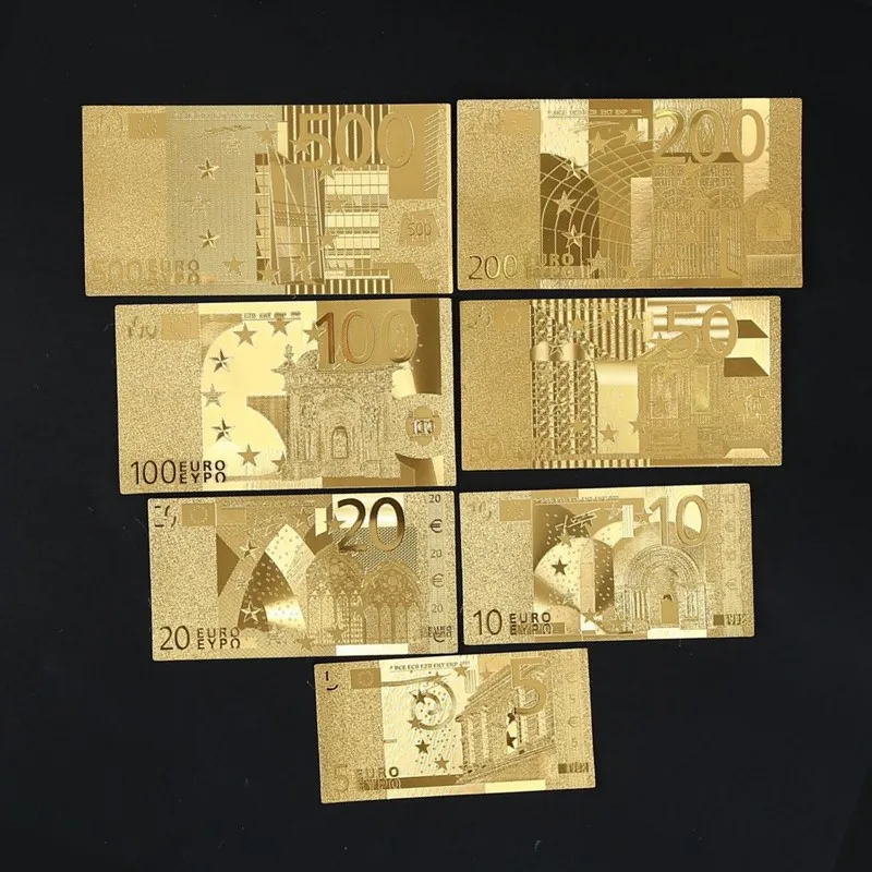 7pcs/Set 24K Gold Banknotes Gold Dollars/Euro Antique Plated Commemorative Notes Home Decoration