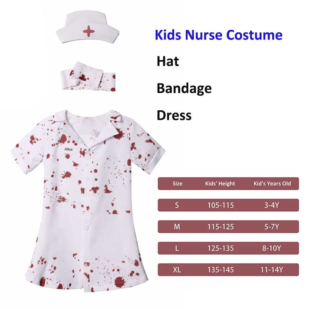 Girls Zombie Nurse Halloween Costume Bloody Killer Nurse Uniform Horror Fancy Dress Kids Costumes