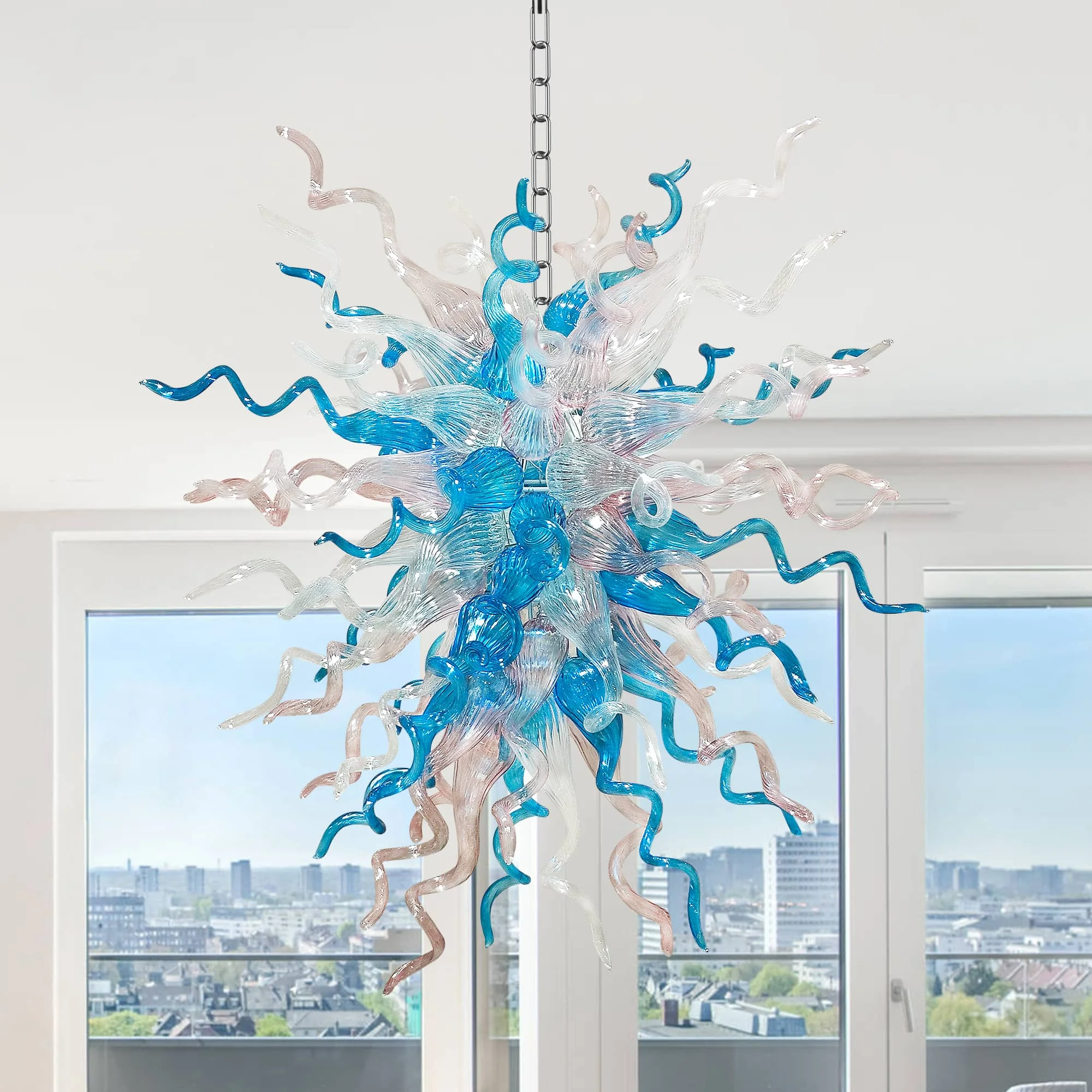 

LONGREE-Handmade Blown Glass Chandelier Seaside House Art Decor Blue Pink Light Fixture for Living Room Foyer
