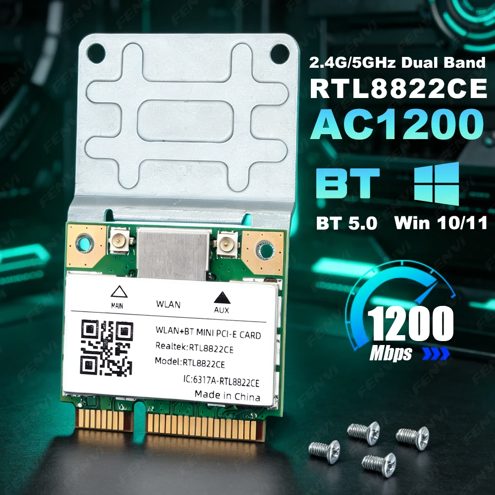 AC1200 Mini PCI-E Wireless Card RTL8822CE Dual Band 2.4G/5GHz Bluetooth 5.0 Network Adapter 1200M for Windows 10/11 Laptop PC