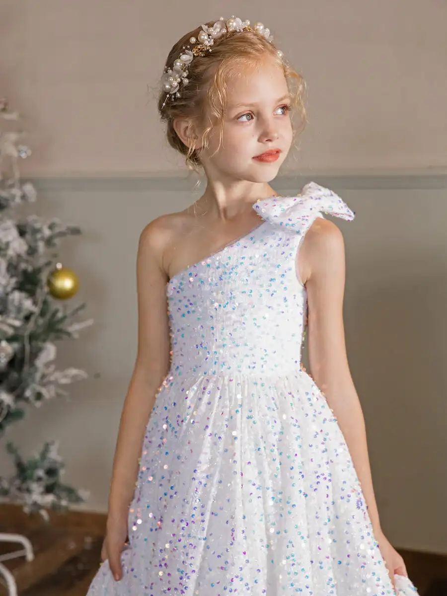 One-Shoulder Velvet Sequins Flower Girl Dresses With Bowknot Sleeveless For Wedding and Birthday Party Dresses