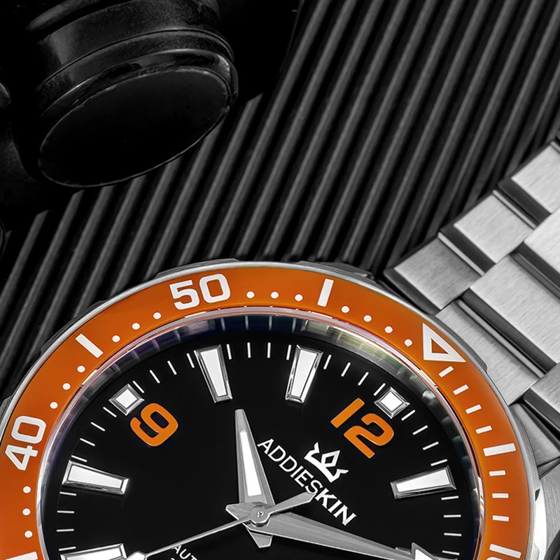 AddiesKin K009 Men's Automatic Mechanical Wristwatch Miyota 9015 Raised Indices Sandblasted Dial Ceramic Bezel Screw Down Crown