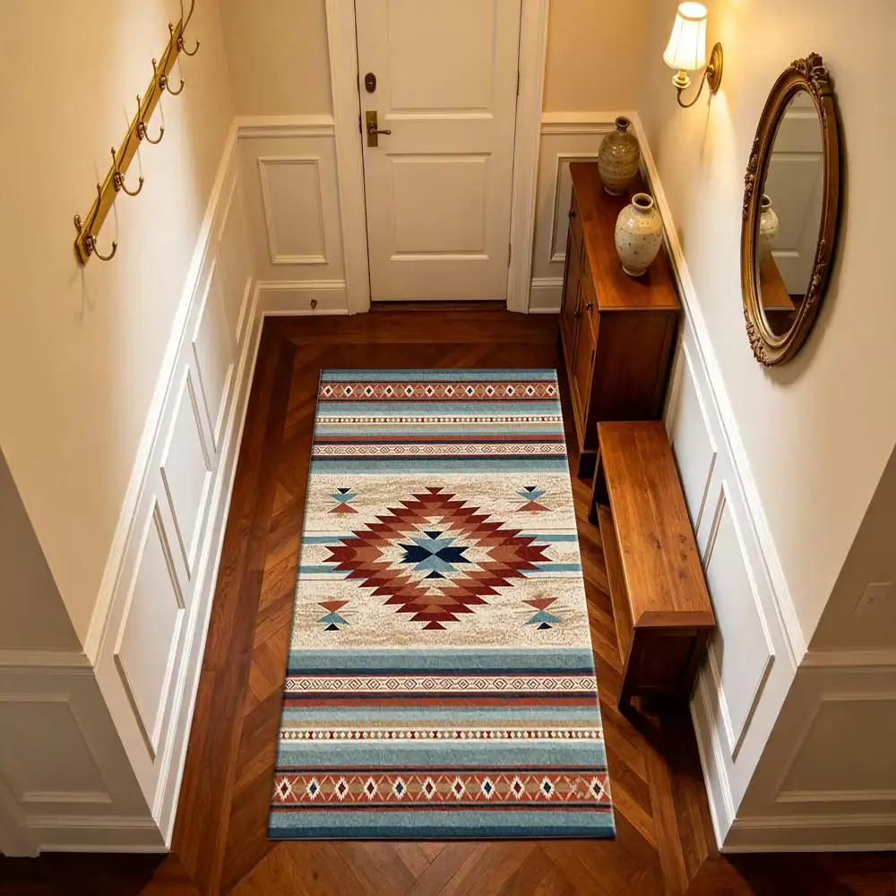 Southwestern Aztec Rug Vintage Tribal Geometric Print Floor Mat Large Non-Slip Living Room Bedroom Carpet