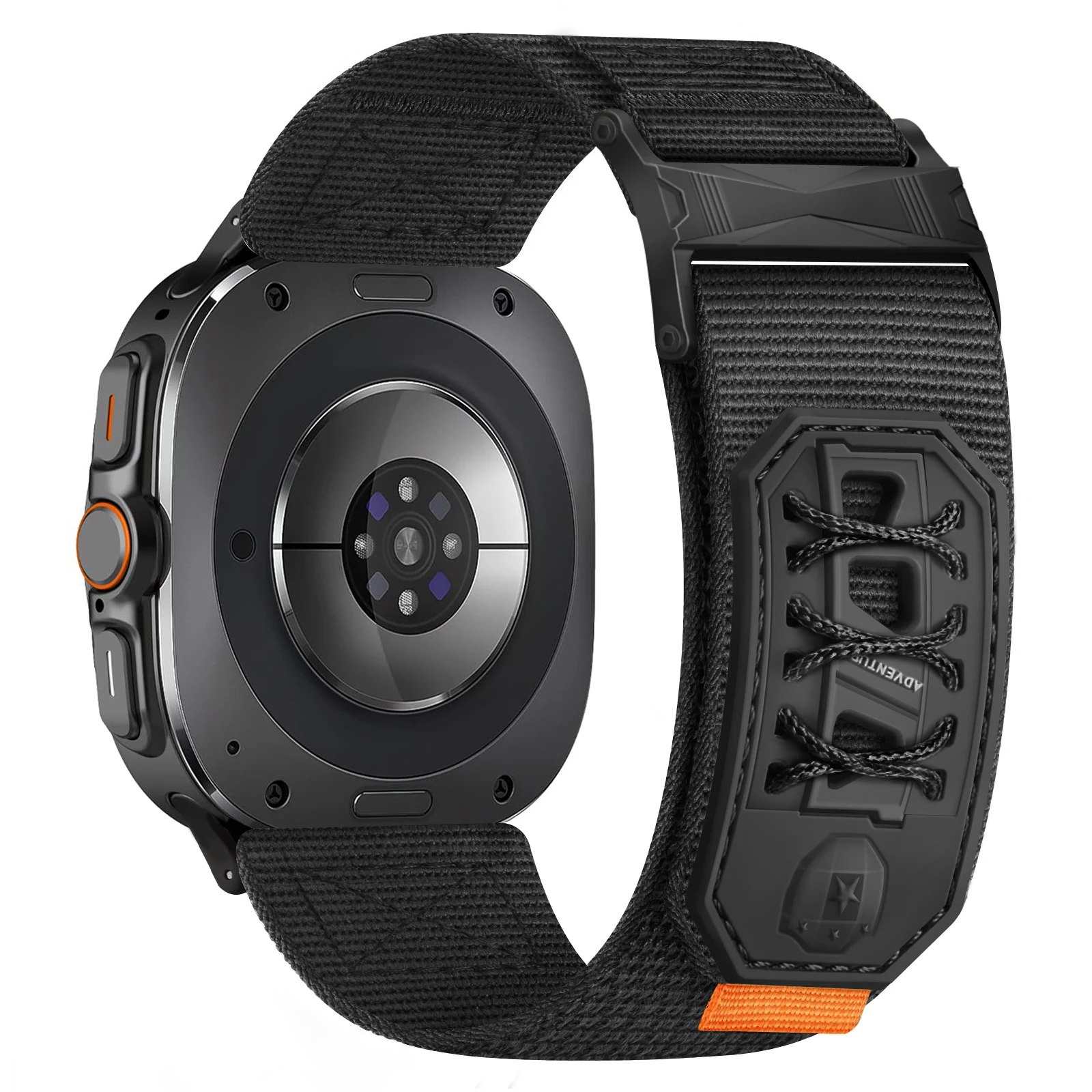 Nylongewebtes Armband mit Metallschnalle und Klettverschluss für das 47-mm-Samsung Galaxy Watch Ultra.