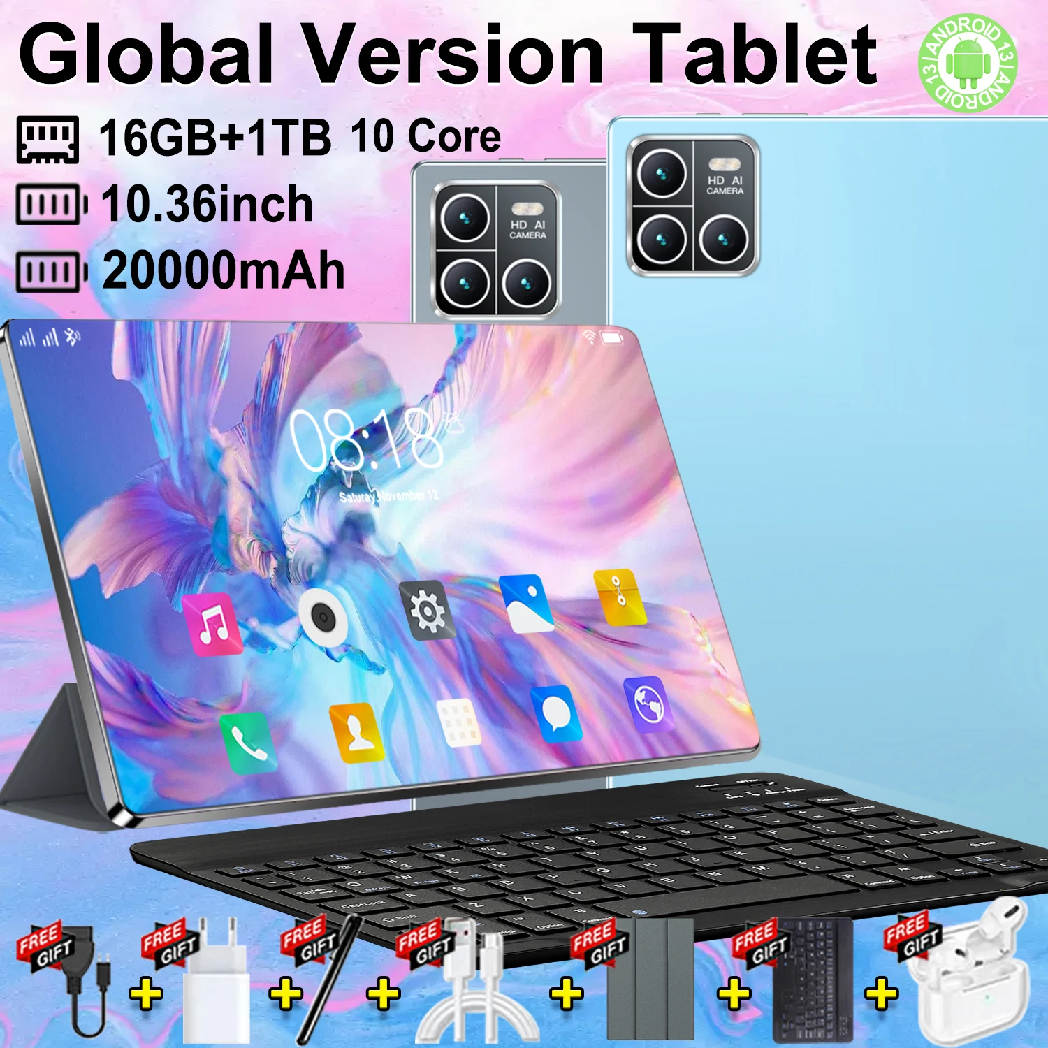 Tablette 2026 Super Hot Version Internationale 10,36 Pouces Android 13, Processeur Puissant 14 Cœurs, 16 Go de RAM + 1 To de Stockage Énorme, Batterie Géante 20000 mAh à Longue Autonomie, Double SIM 5G et Wi-Fi Ultra-Rapide, Caméras Frontale 16MP et Arrière 32MP, Tablette Portable pour l'Étude, le Travail de Bureau et le Gaming