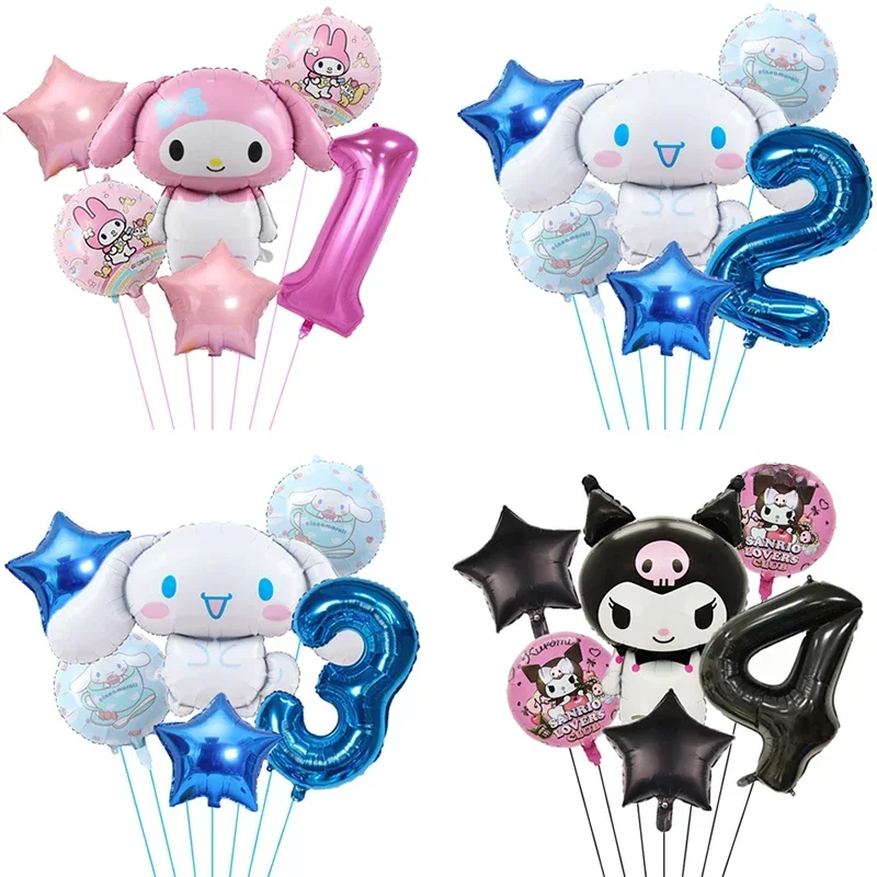 Ballon en aluminium Kuromi My Melody cannelle, 6 pièces, dessin animé mignon, ensemble de numéros de 32 pouces, décoration de fête d'anniversaire pour enfants